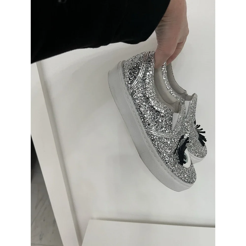 #81 Chiara Ferragni Sz 36 Flirting Loafer Silver Glitter Leather Wink Eye Shoes